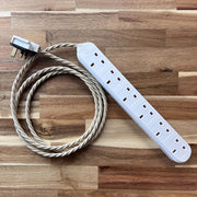 Cream / Linen Braided Fabric Decorative Extension Lead - White 6 Gang Trailing Socket - Extension Leads