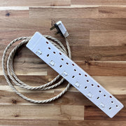 Cream / Linen Braided Fabric Decorative Extension Lead - White 6 Gang Switched Trailing Socket - Extension Leads