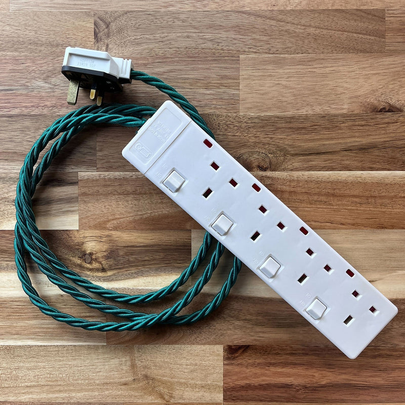 Green Braided Fabric Decorative Extension Lead - White 4 Gang Switched Trailing Socket - Extension Leads