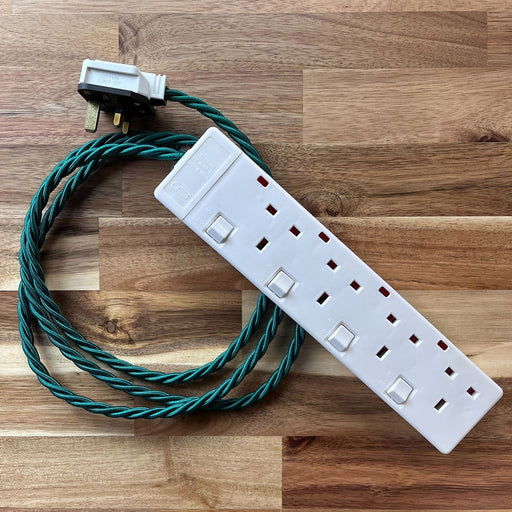 Green Braided Fabric Decorative Extension Lead - White 4 Gang Switched Trailing Socket - Extension Leads