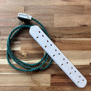 Green Braided Fabric Decorative Extension Lead - White 6 Gang Trailing Socket - Extension Leads