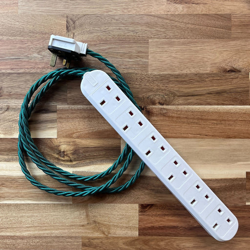 Green Braided Fabric Decorative Extension Lead - White 6 Gang Trailing Socket - Extension Leads