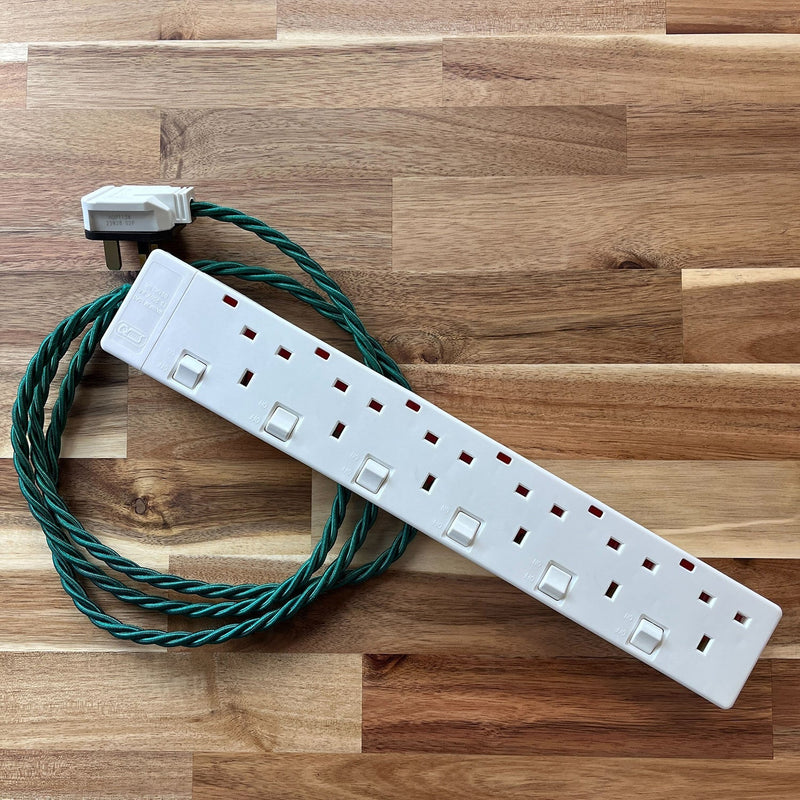 Green Braided Fabric Decorative Extension Lead - White 6 Gang Switched Trailing Socket - Extension Leads