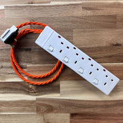 Orange / Pink / Red Braided Fabric Decorative Extension Lead - White 4 Gang Switched Trailing Socket - Extension Leads
