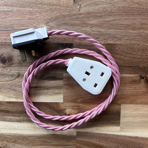 Pink Braided Fabric Decorative Extension Lead - White 1 Gang Trailing Socket - Extension Leads