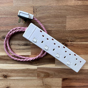Pink Braided Fabric Decorative Extension Lead - White 4 Gang Switched Trailing Socket - Extension Leads