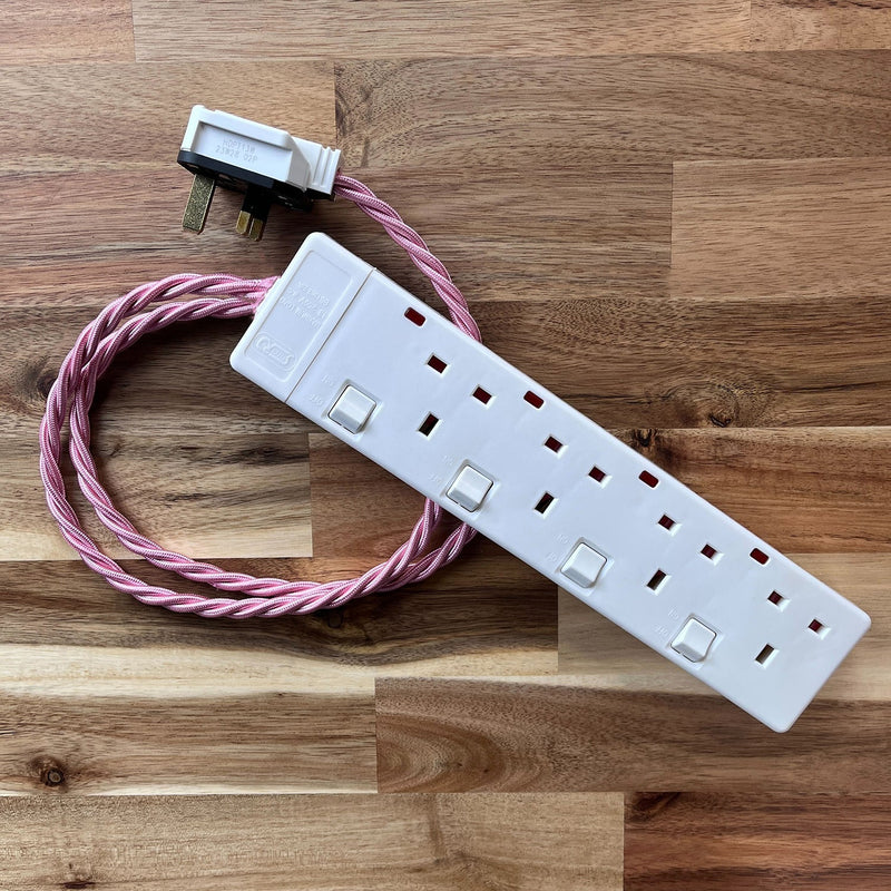 Pink Braided Fabric Decorative Extension Lead - White 4 Gang Switched Trailing Socket - Extension Leads