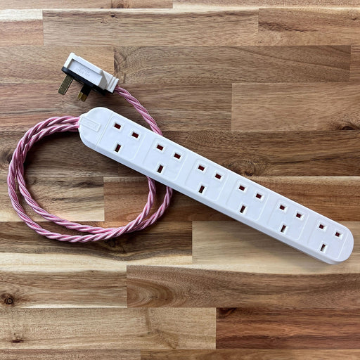 Pink Braided Fabric Decorative Extension Lead - White 6 Gang Trailing Socket - Extension Leads