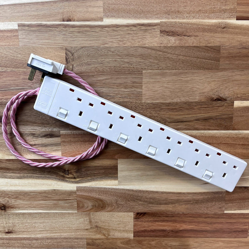Pink Braided Fabric Decorative Extension Lead - White 6 Gang Switched Trailing Socket - Extension Leads