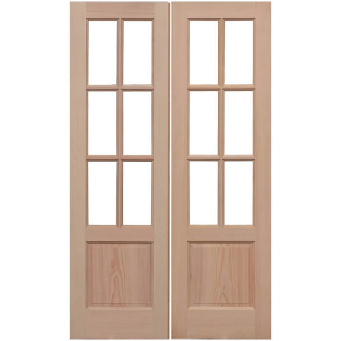Pair of wooden doors with glass panels on a white background